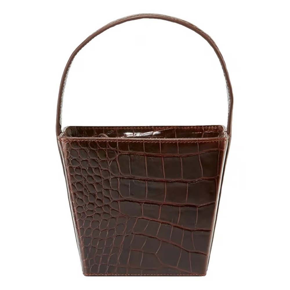STAUD Brown Croc-Embossed Leather Bucket Bag